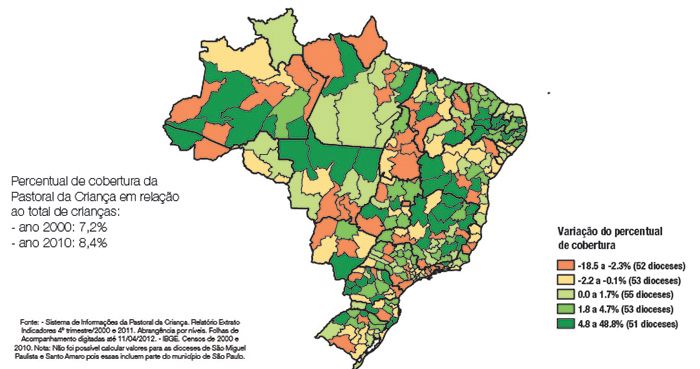 Variacao do percentual de cobertura da Pastoral da Crianca em relacao ao total de criancas menores de 6 anos - conforme Censo IBGE 2000 - 2010 - por diocese