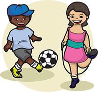 O16 criancas jogando bola e pulando corda